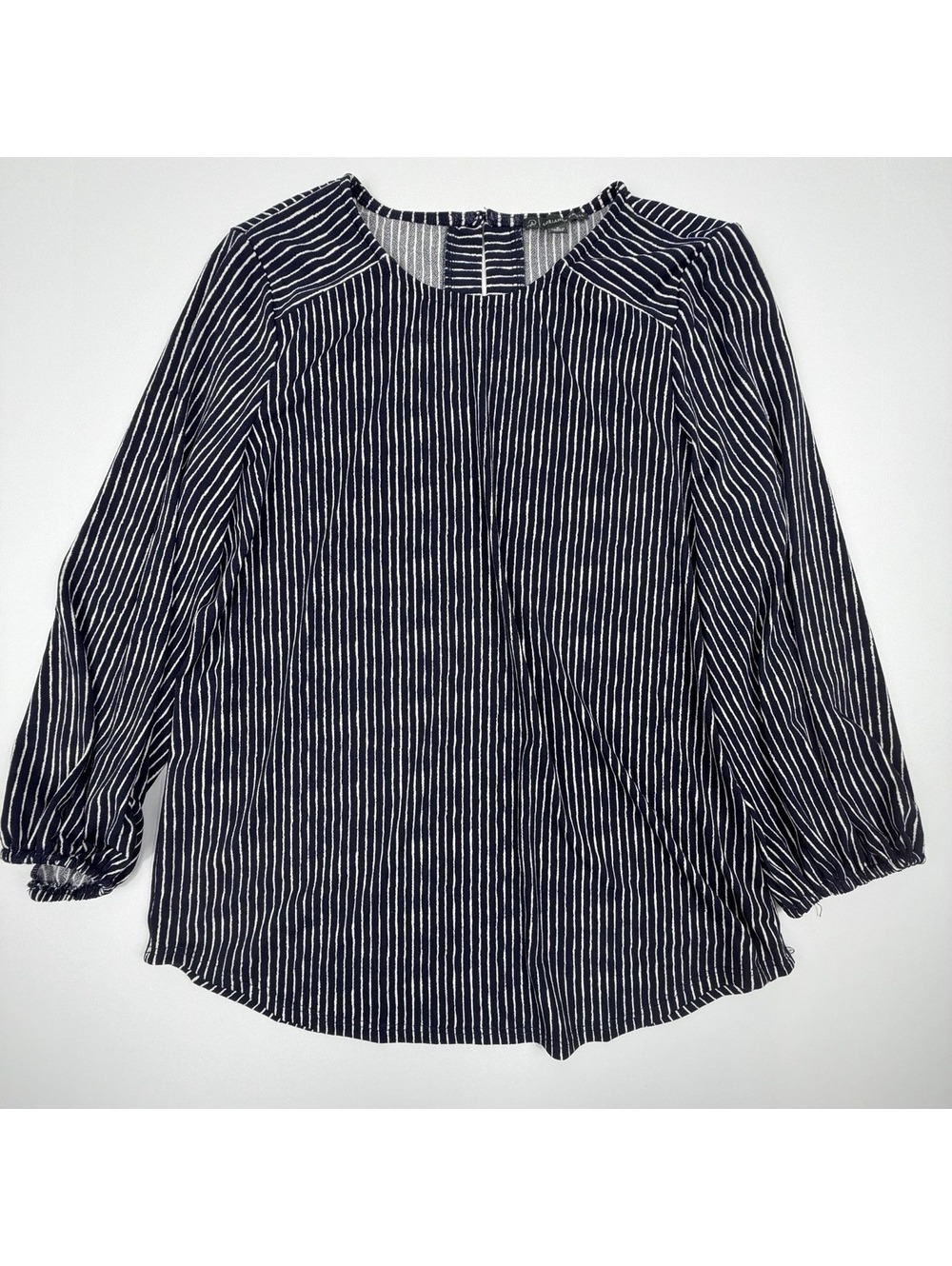 Adrianna Papell Blouse Women's Size Small Navy Stripe 3/4 Sleeve Keyhole Top